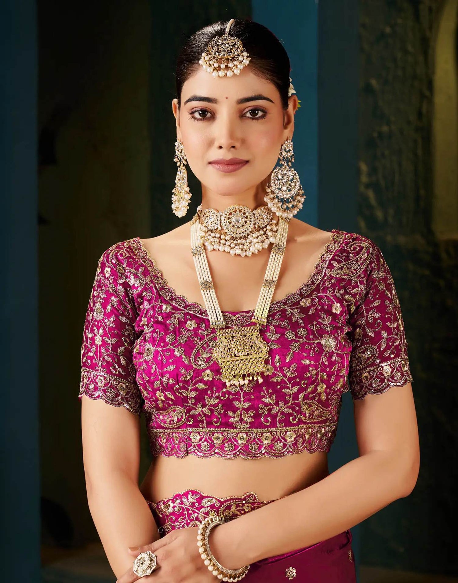 Rani Pink Tissue Satin Sequence Embroidery Saree