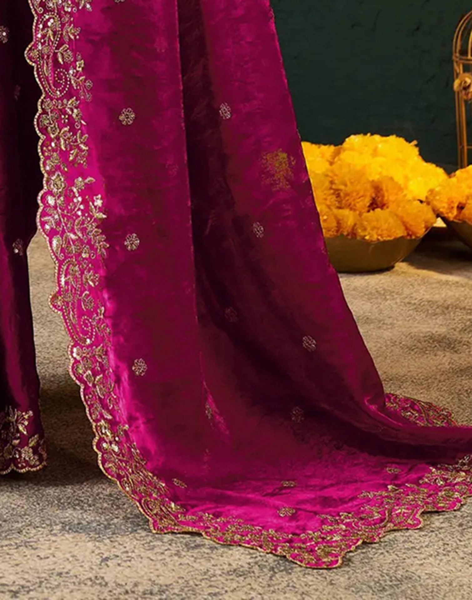 Rani Pink Tissue Satin Sequence Embroidery Saree