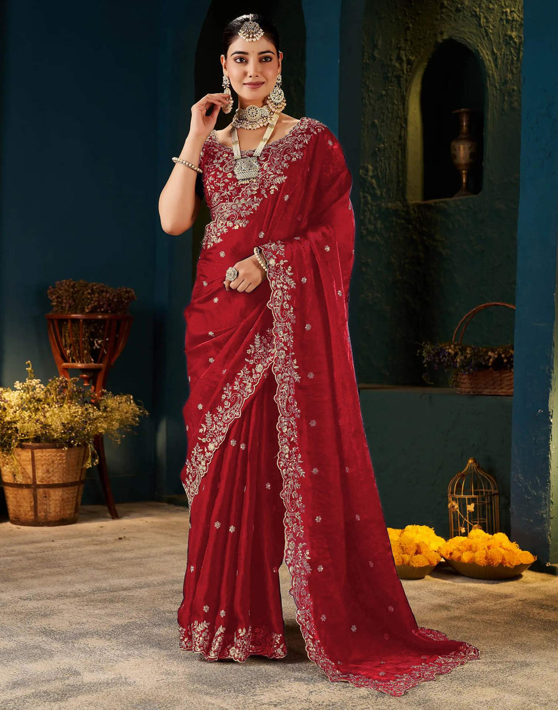 Red Tissue Satin Sequence Embroidery Saree