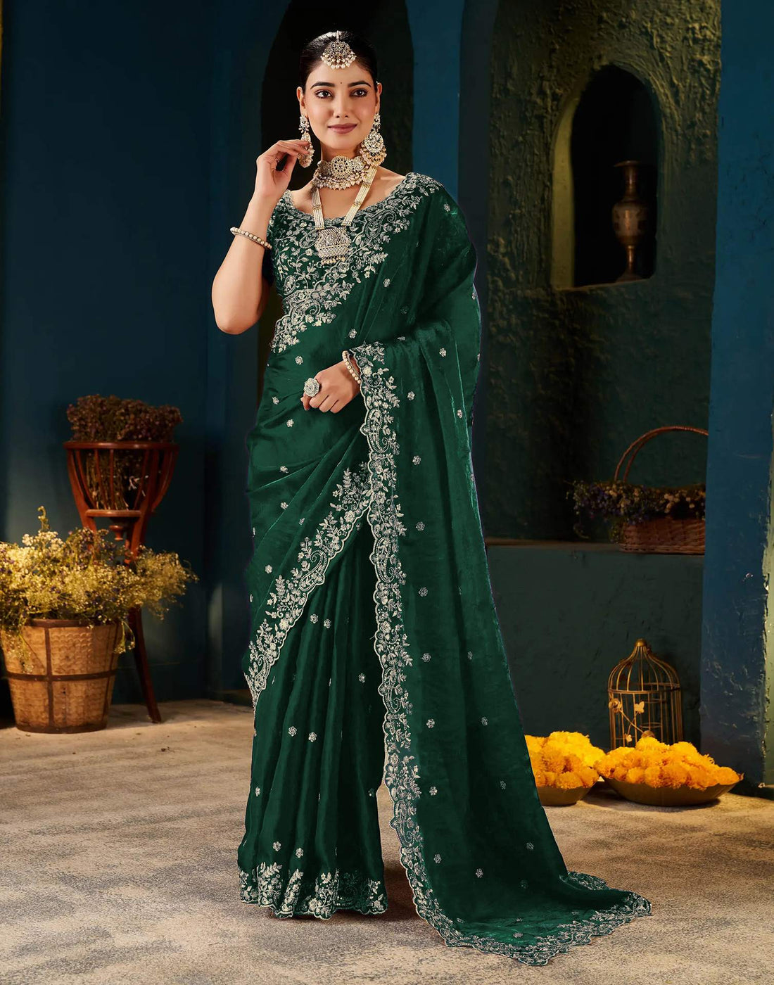 Green Tissue Satin Sequence Embroidery Saree