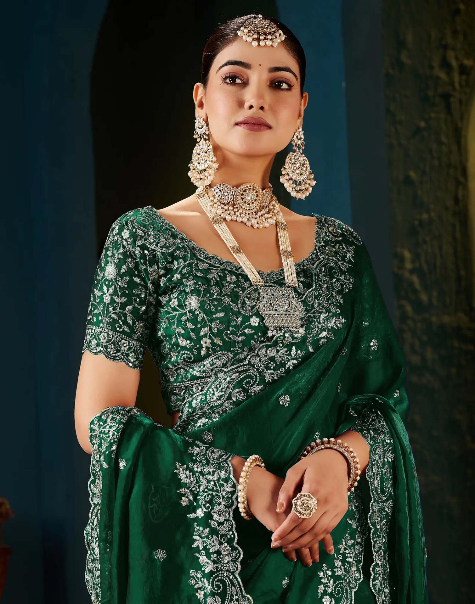 Green Tissue Satin Sequence Embroidery Saree