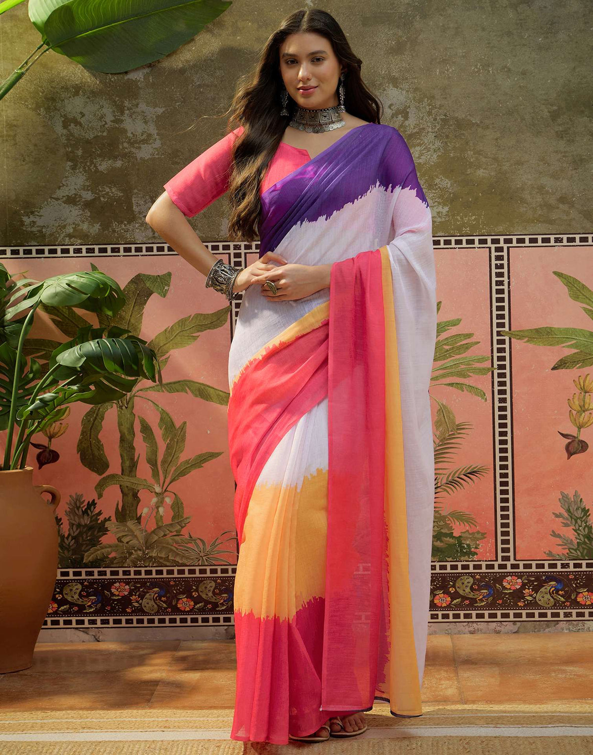 Multicoloured Linen Printed Saree