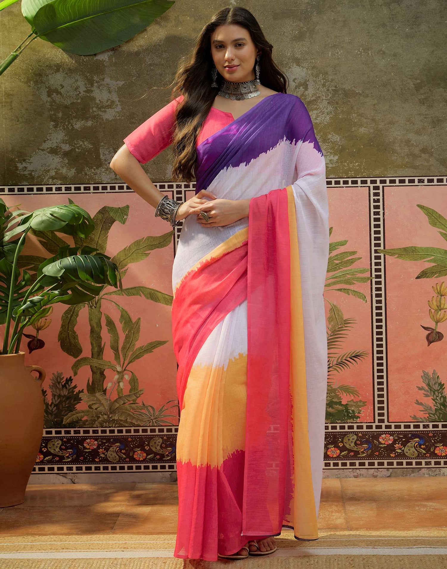 Multicoloured Linen Printed Saree