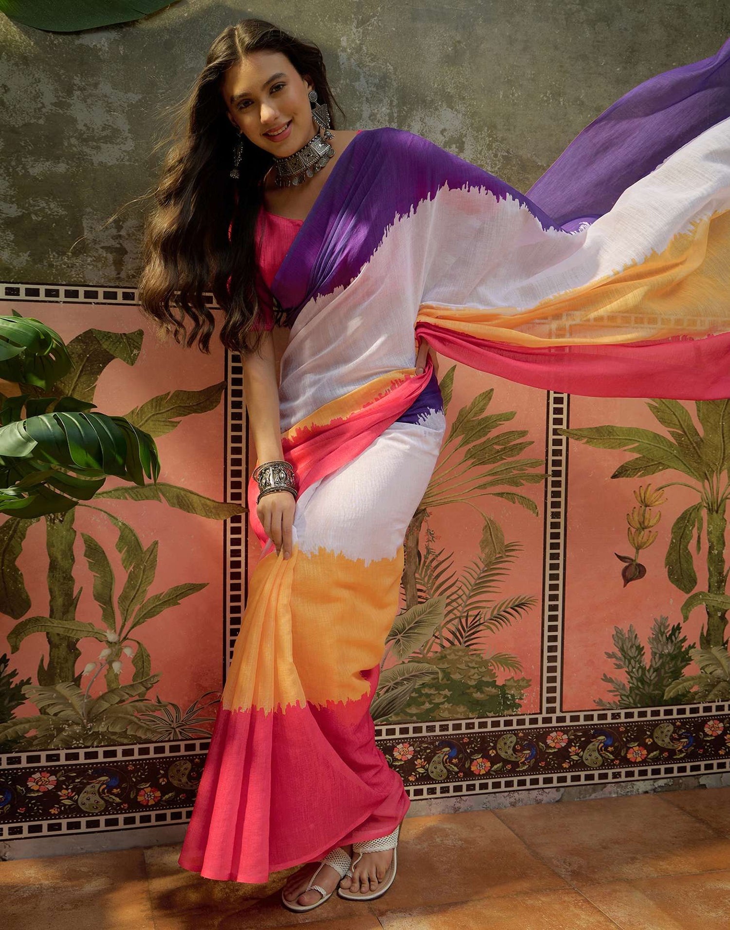 Multicoloured Linen Printed Saree