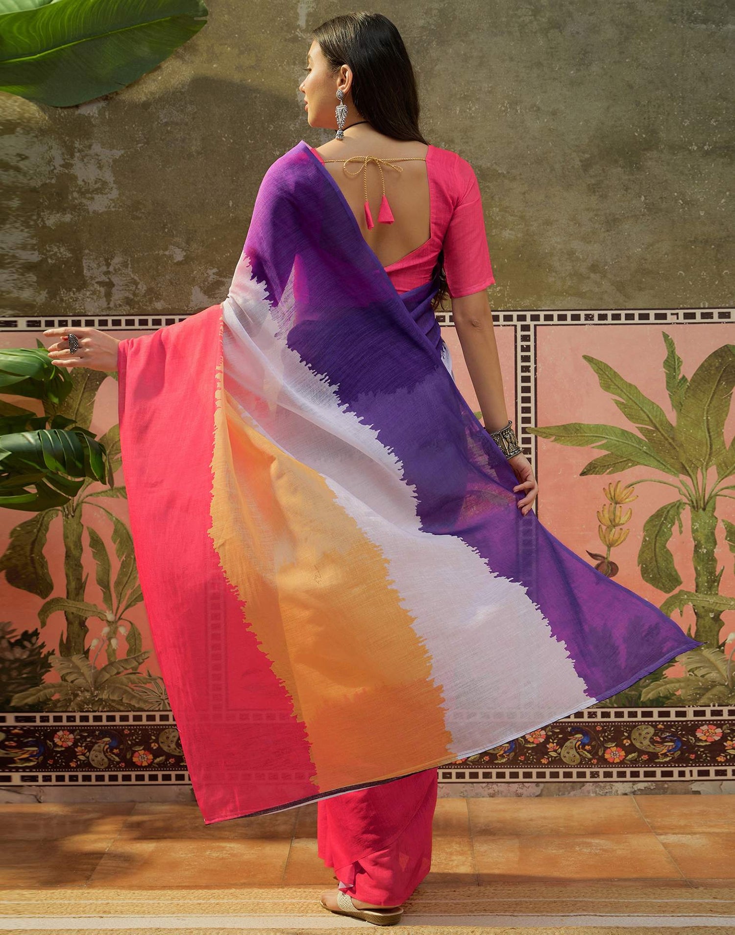 Multicoloured Linen Printed Saree