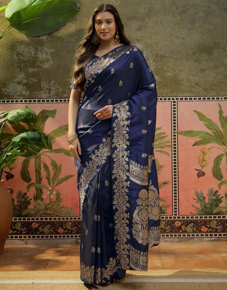 Navy Blue Silk Woven Banarasi Saree