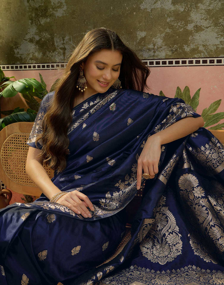 Navy Blue Silk Woven Banarasi Saree