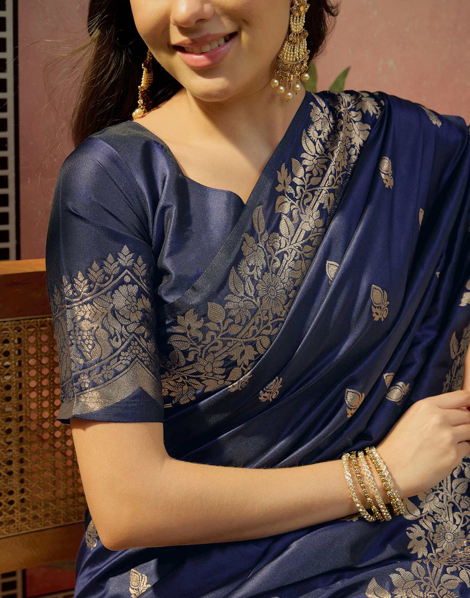 Navy Blue Silk Woven Banarasi Saree