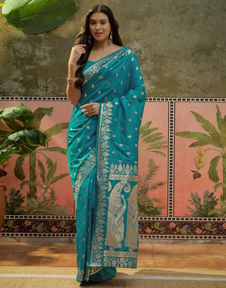 Teal Blue Silk Woven Banarasi Saree