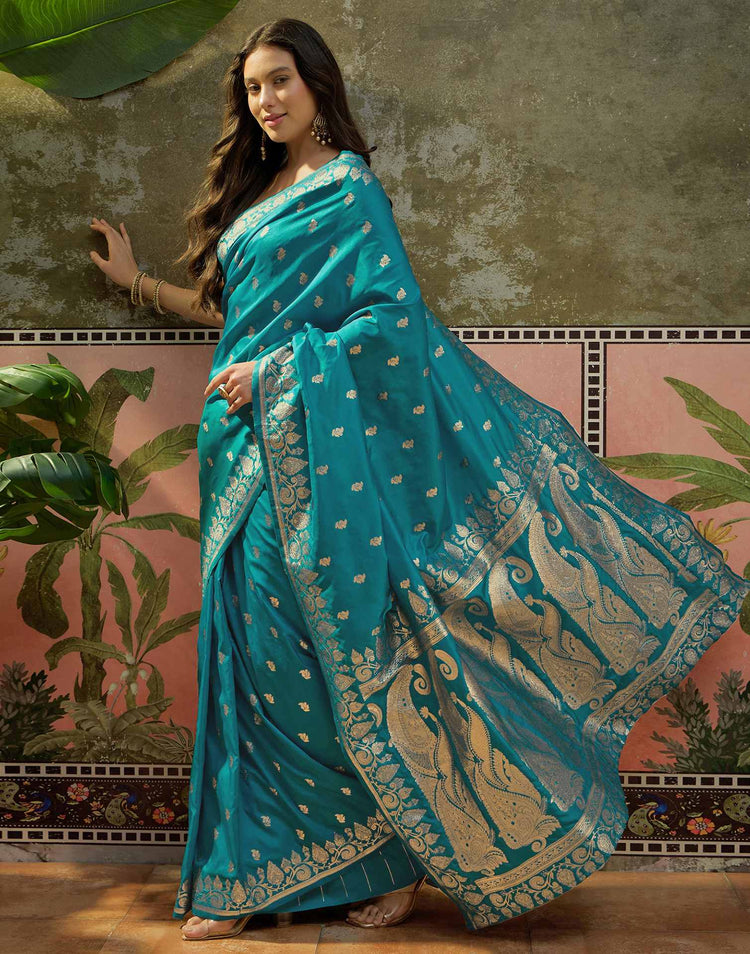 Teal Blue Silk Woven Banarasi Saree