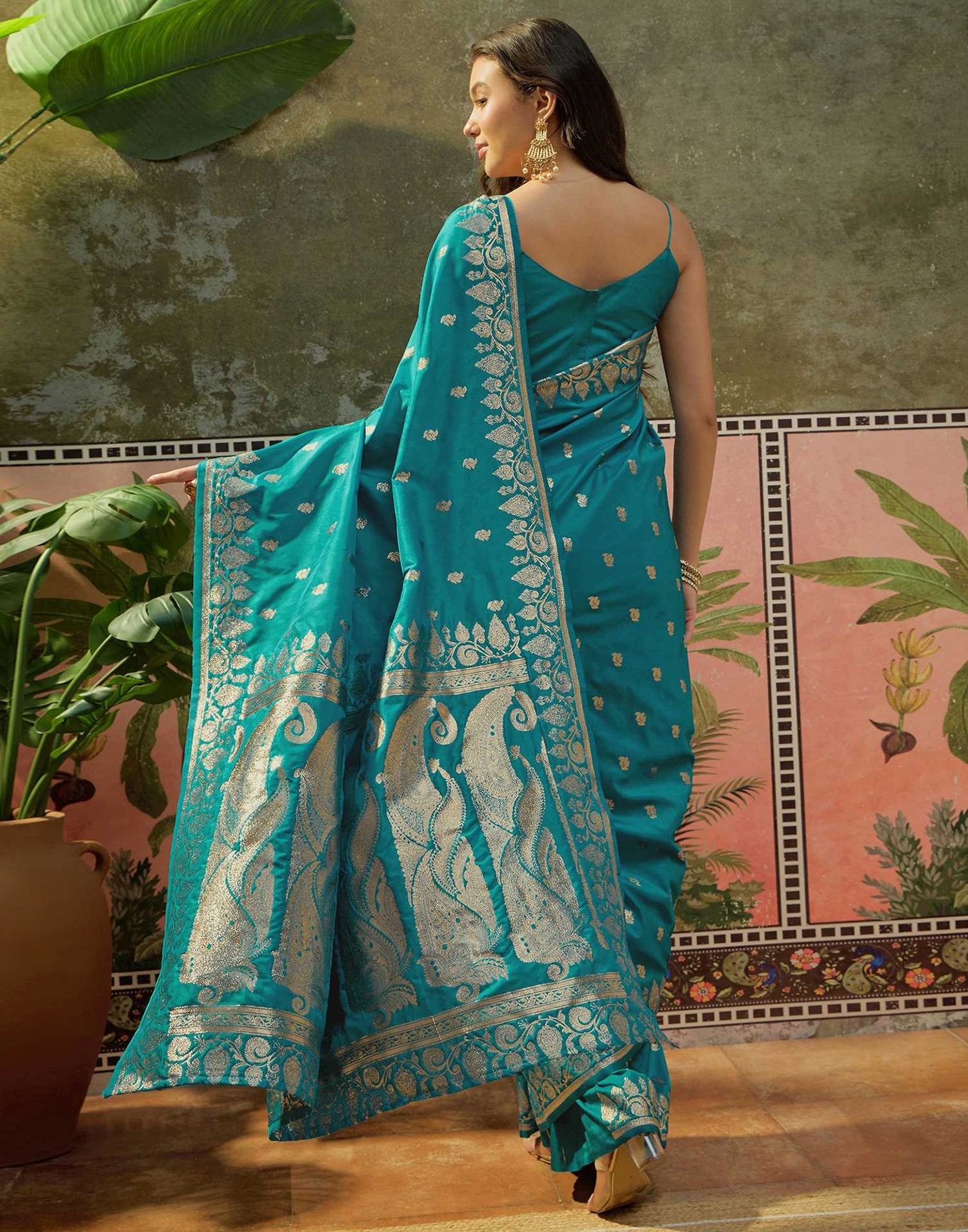 Teal Blue Silk Woven Banarasi Saree
