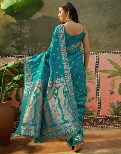 Teal Blue Silk Woven Banarasi Saree