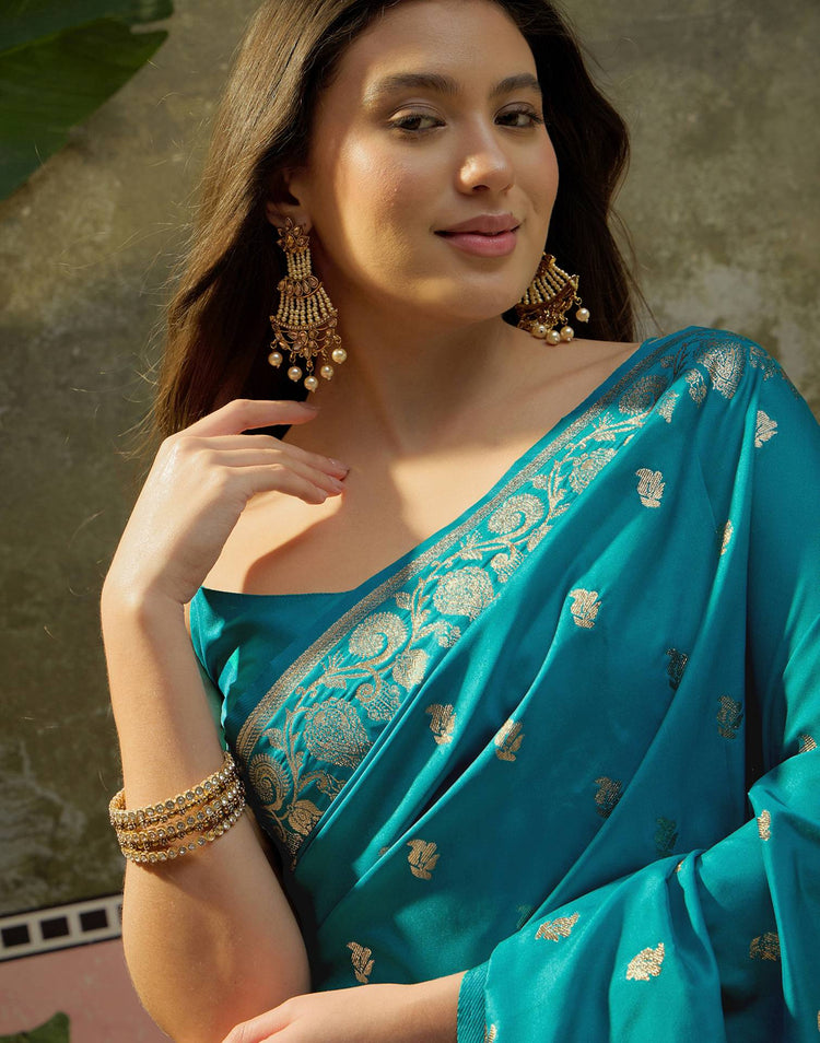 Teal Blue Silk Woven Banarasi Saree