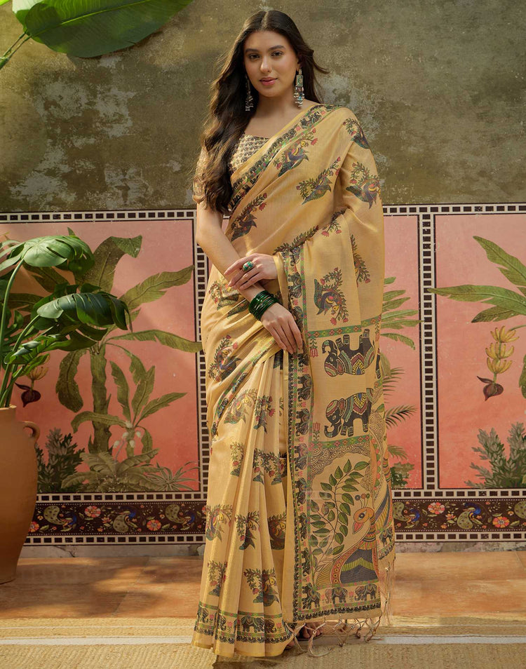 Dark Beige Shimmer Silk Kalamkari Printed Saree