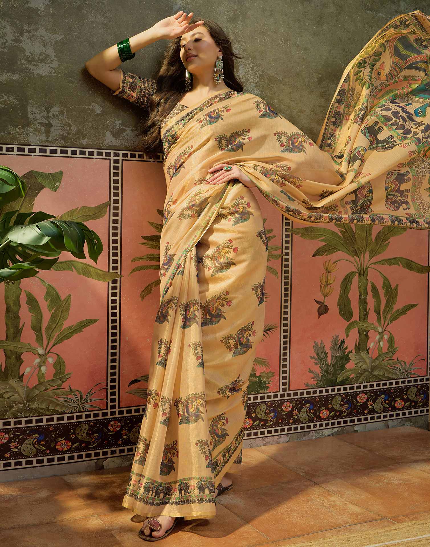 Dark Beige Shimmer Silk Kalamkari Printed Saree