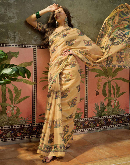 Dark Beige Shimmer Silk Kalamkari Printed Saree