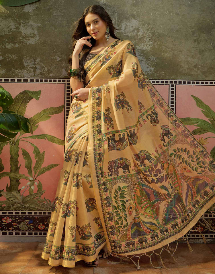 Dark Beige Shimmer Silk Kalamkari Printed Saree