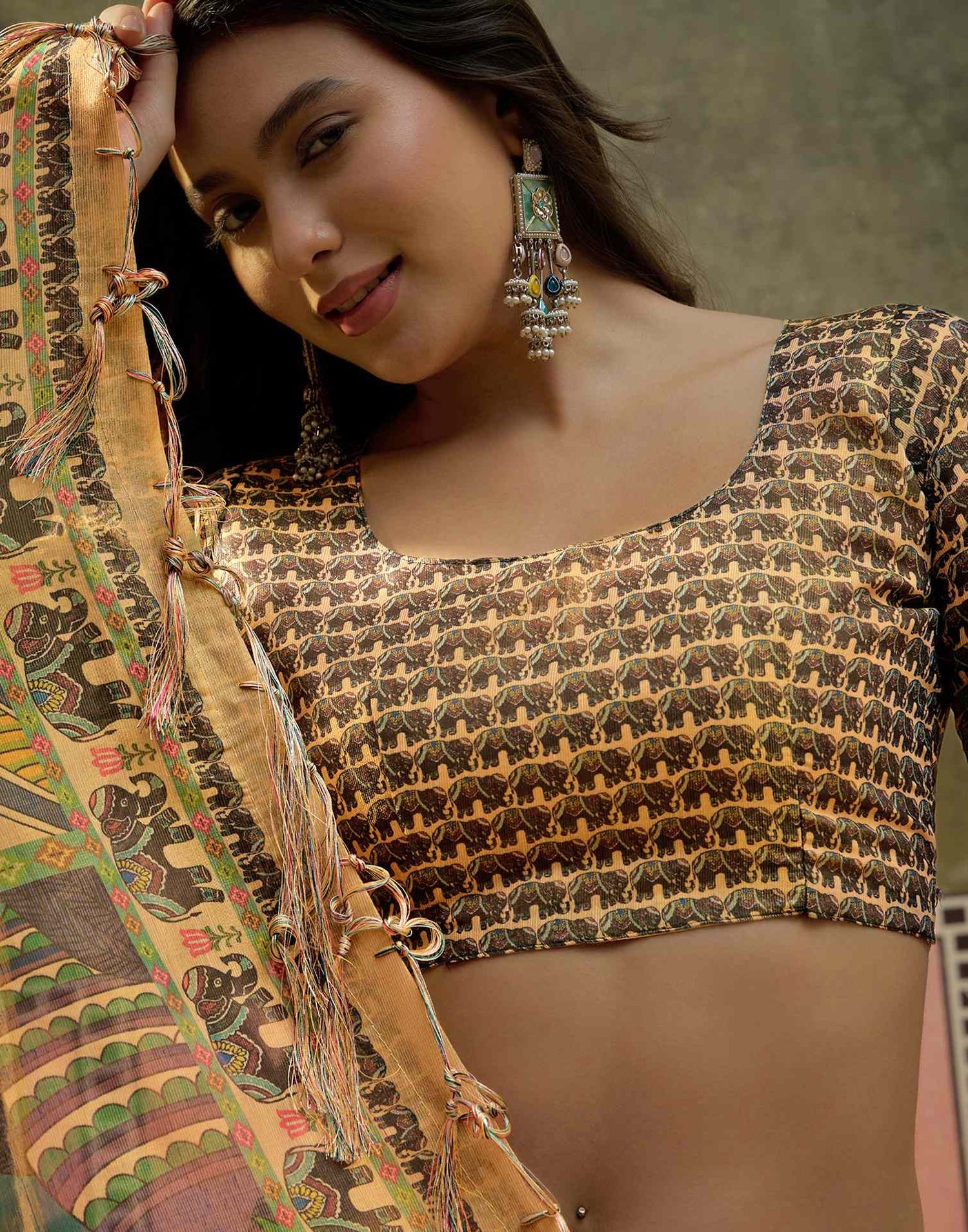 Dark Beige Shimmer Silk Kalamkari Printed Saree