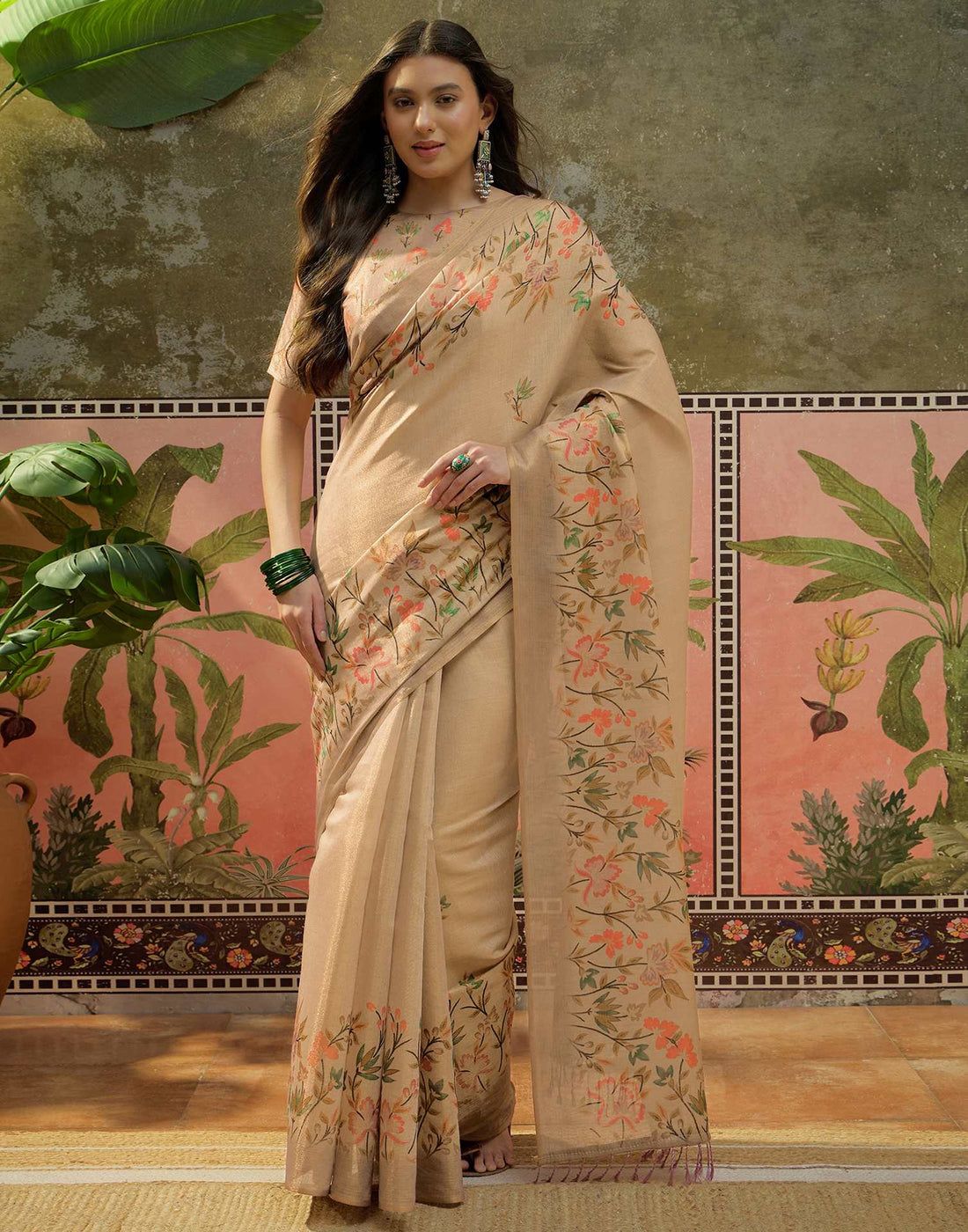 Beige Shimmer Silk Printed Saree
