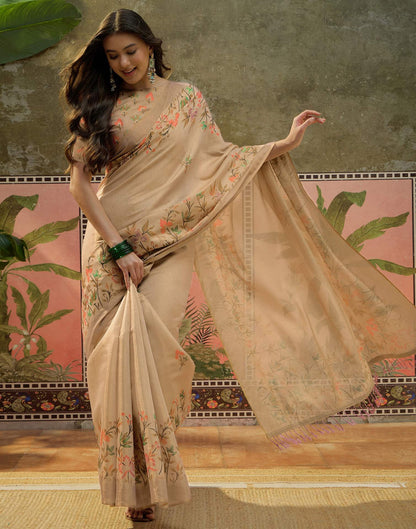 Beige Shimmer Silk Printed Saree