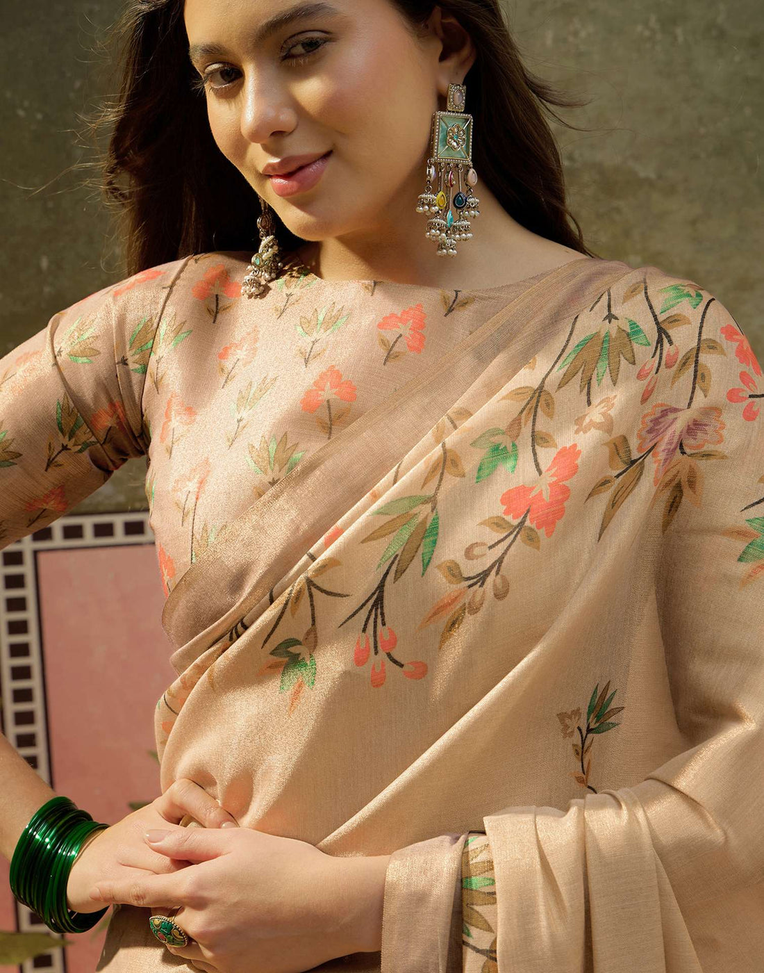 Beige Shimmer Silk Printed Saree
