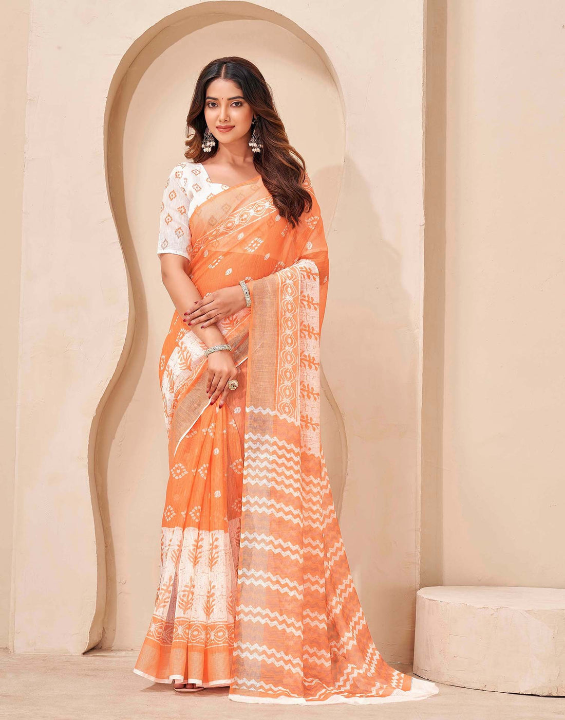 Orange Linen Bandhani Printed Saree