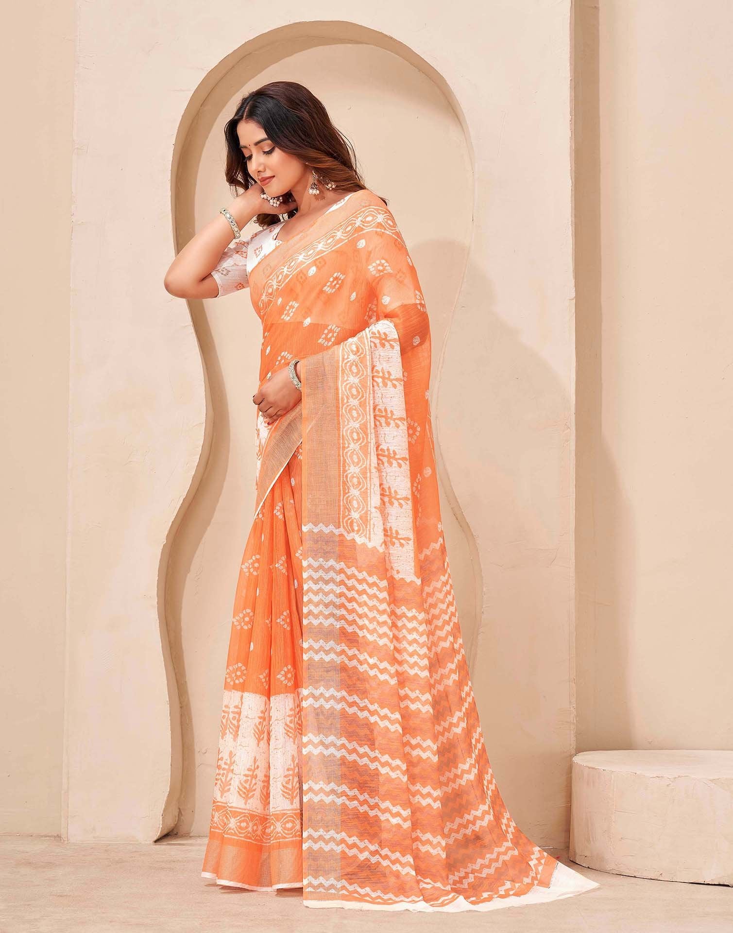 Orange Linen Bandhani Printed Saree