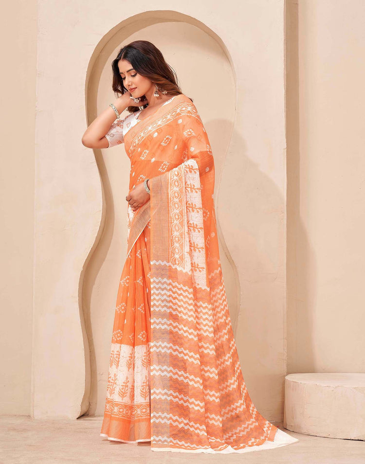 Orange Linen Bandhani Printed Saree