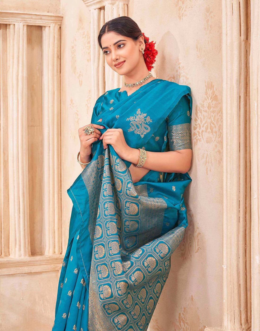 Teal Blue Silk Woven Banarasi Saree