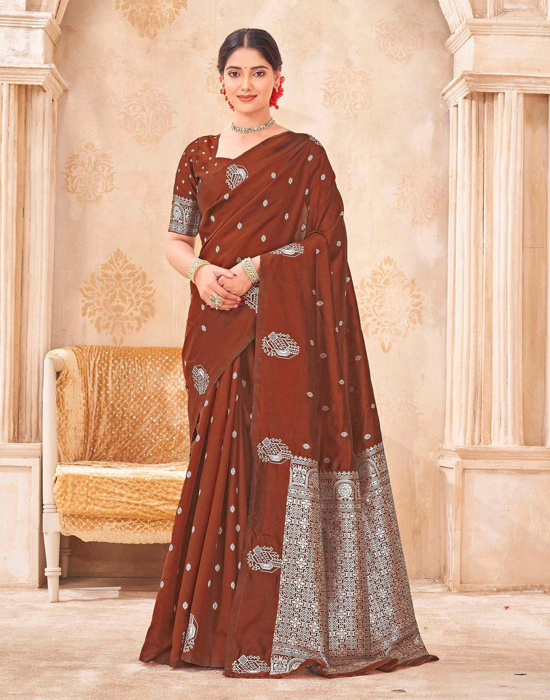 Rust Silk Woven Banarasi Saree