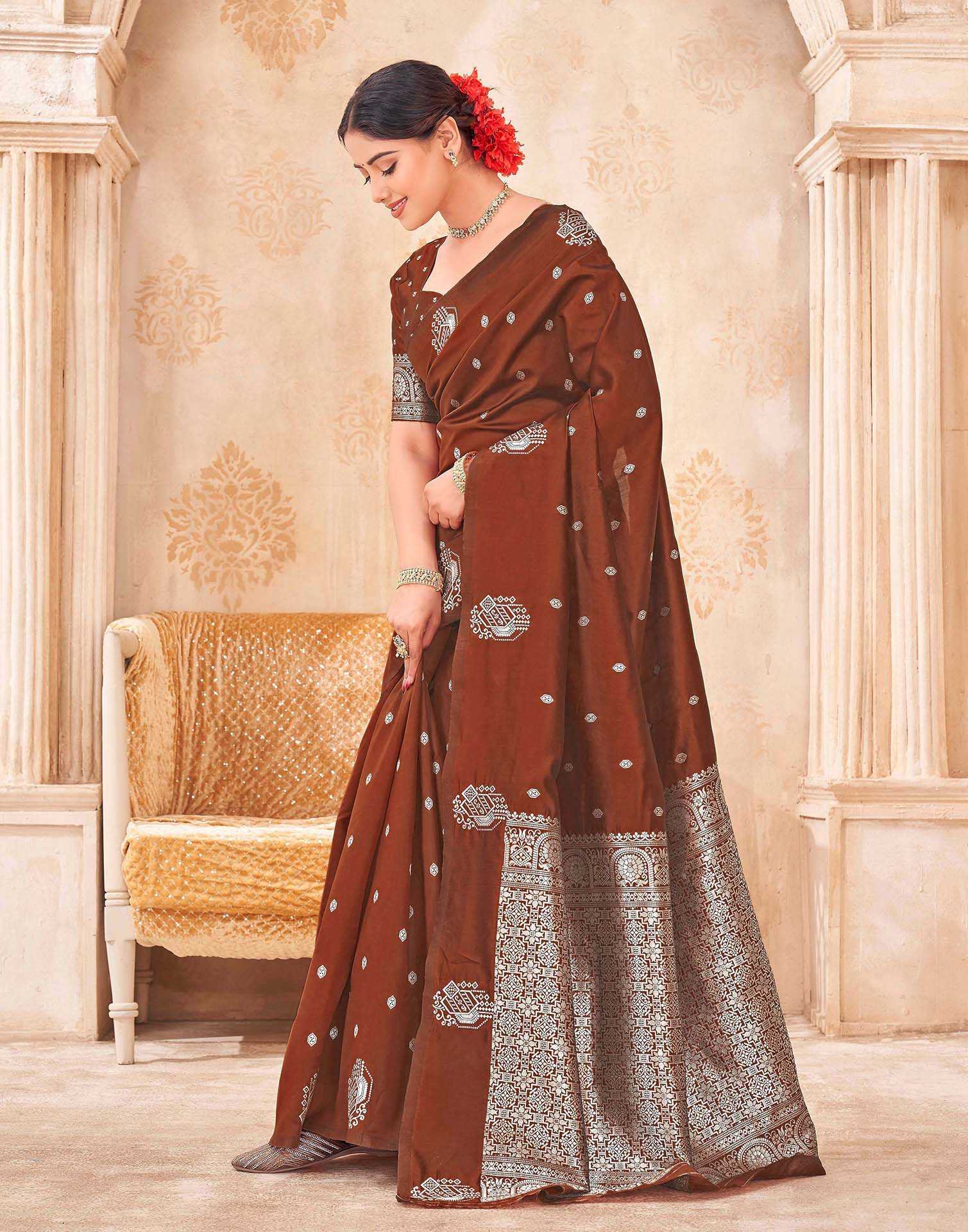 Rust Silk Woven Banarasi Saree