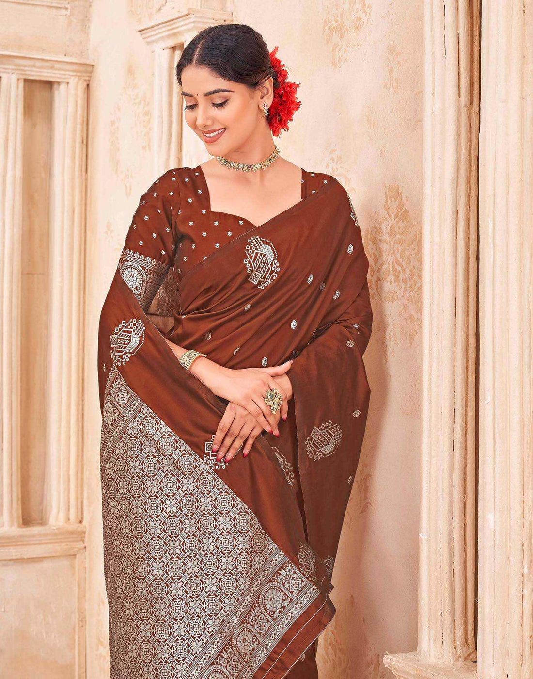 Rust Silk Woven Banarasi Saree