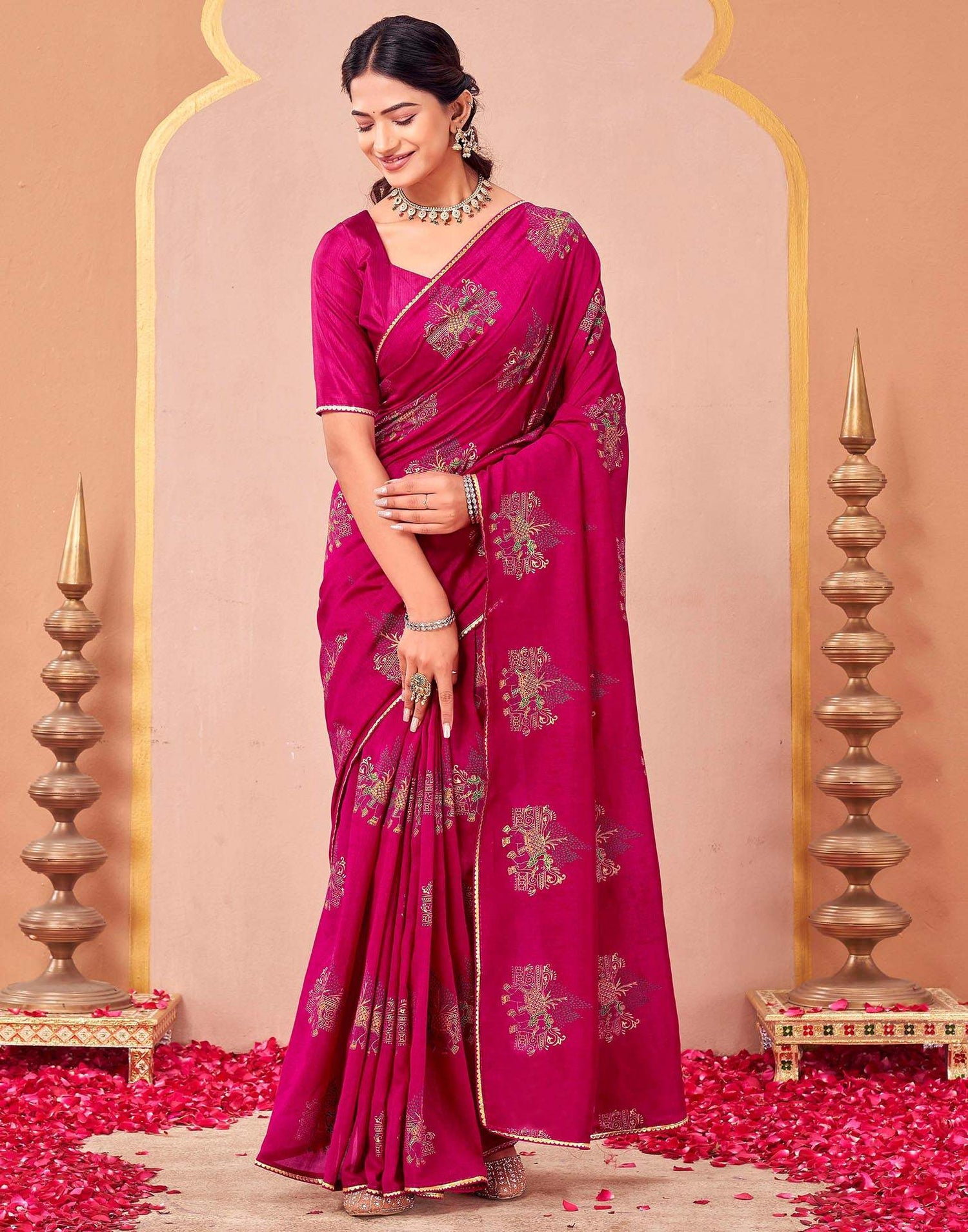 Rani Pink Vichitra Silk Foil Printed Saree