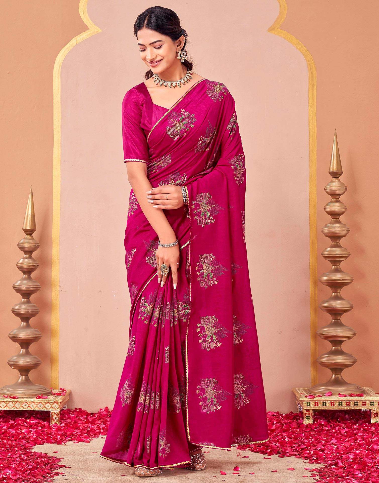 Rani Pink Vichitra Silk Foil Printed Saree