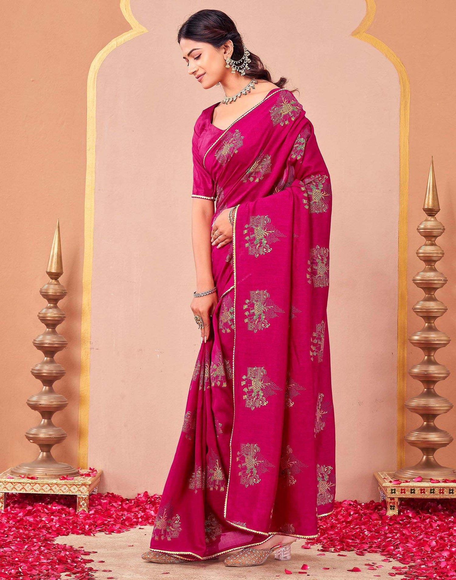 Rani Pink Vichitra Silk Foil Printed Saree