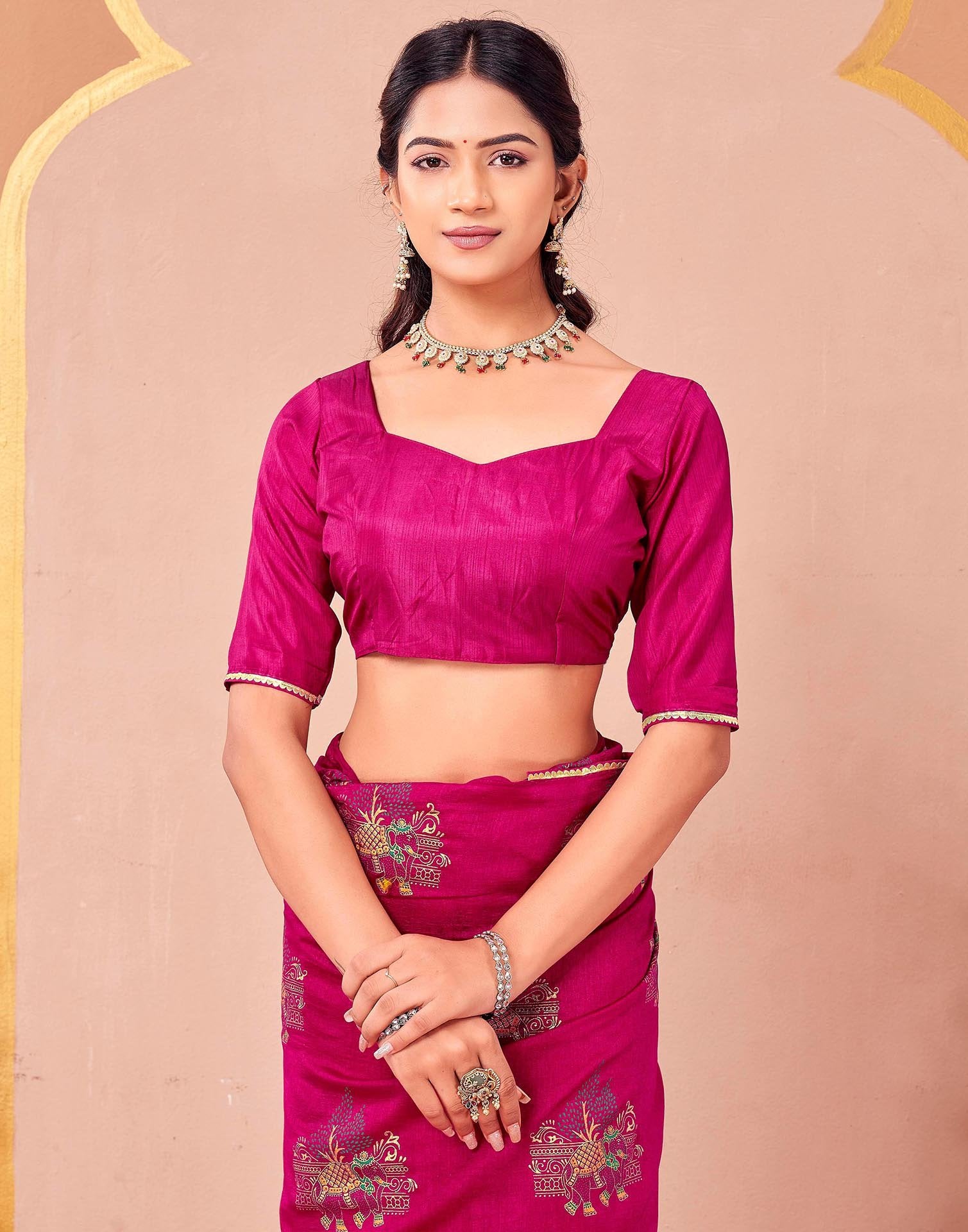 Rani Pink Vichitra Silk Foil Printed Saree