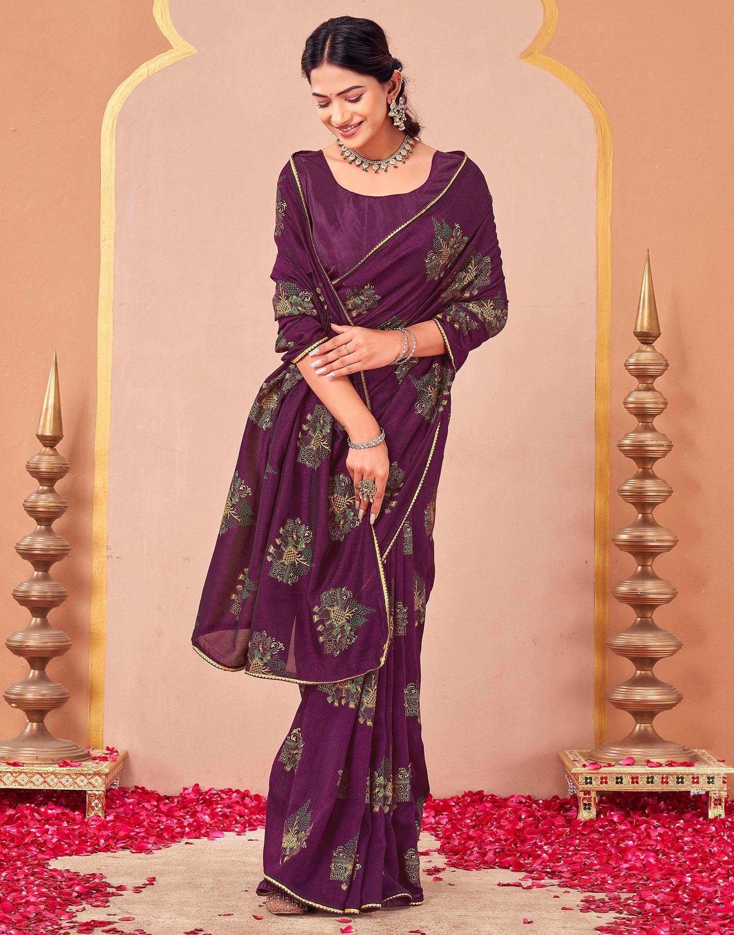 Wine Vichitra Silk Foil Printed Saree