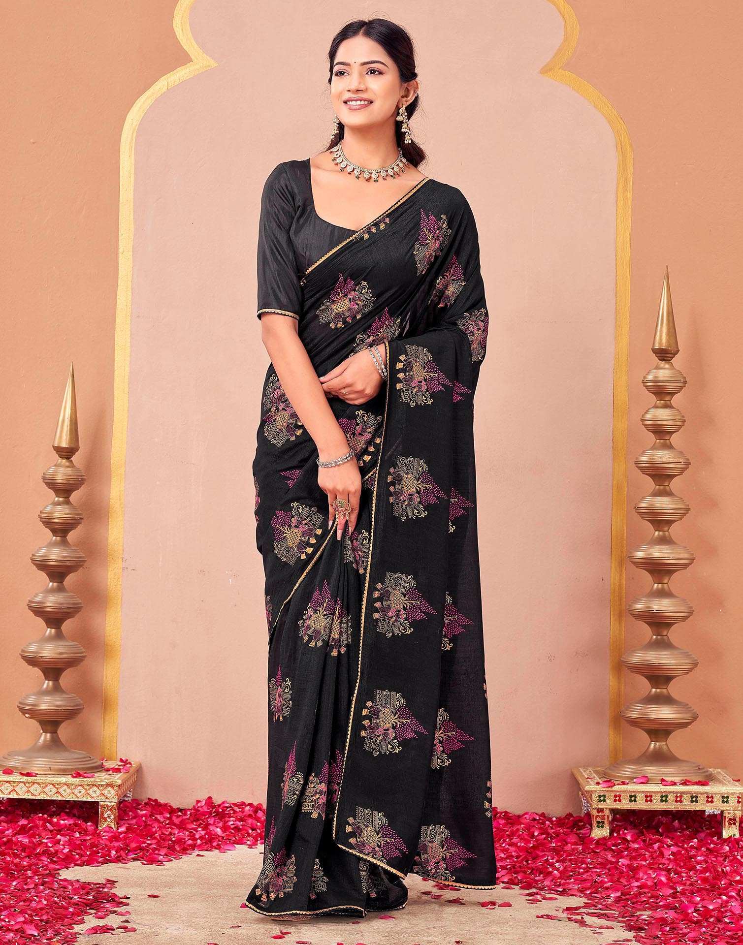 Black Vichitra Silk Foil Printed Saree