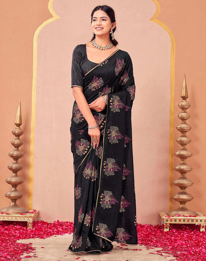 Black Vichitra Silk Foil Printed Saree