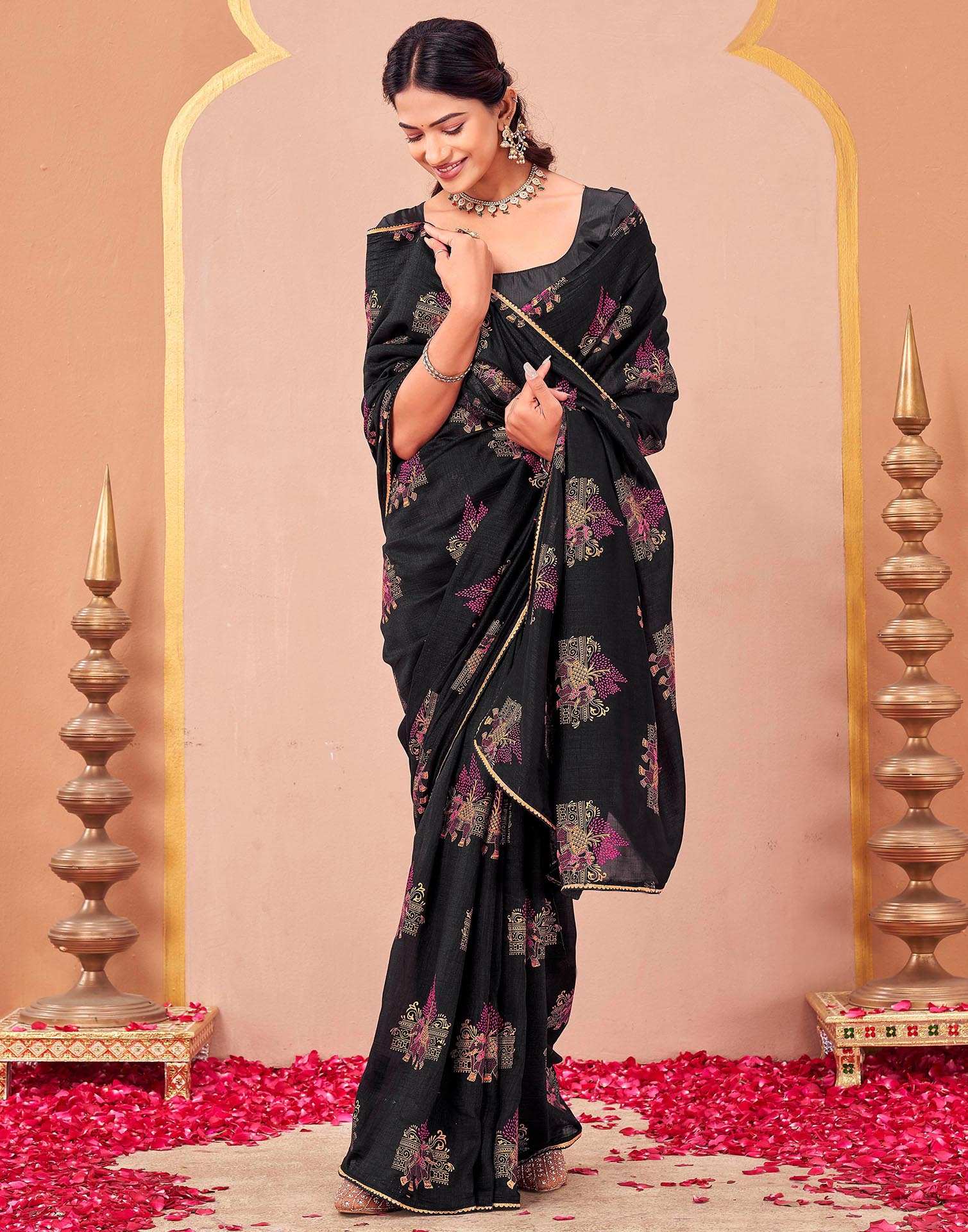 Black Vichitra Silk Foil Printed Saree