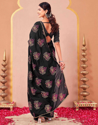 Black Vichitra Silk Foil Printed Saree