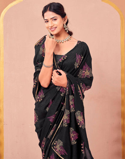 Black Vichitra Silk Foil Printed Saree