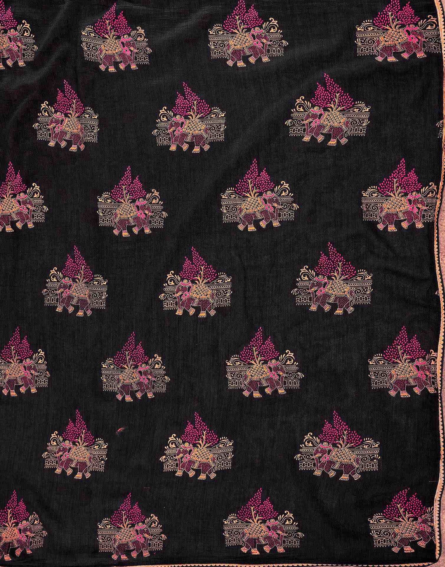 Black Vichitra Silk Foil Printed Saree