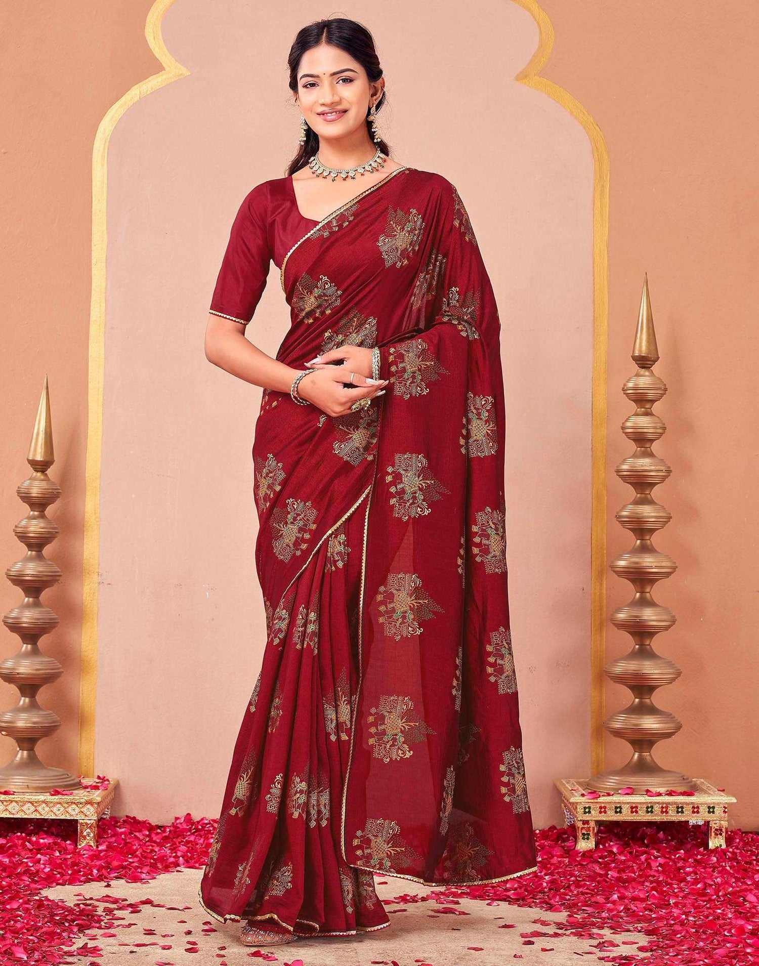 Maroon Vichitra Silk Foil Printed Saree