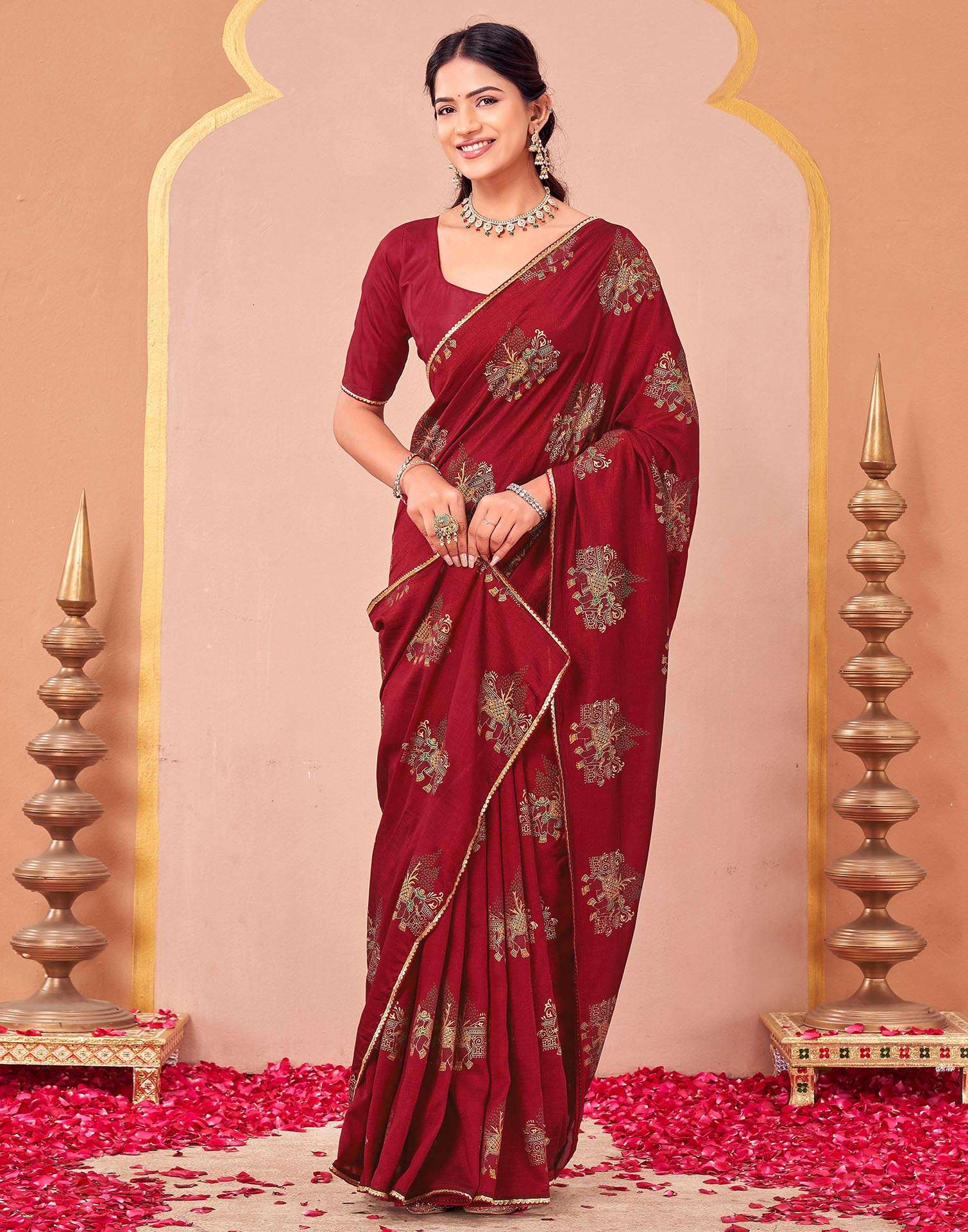 Maroon Vichitra Silk Foil Printed Saree