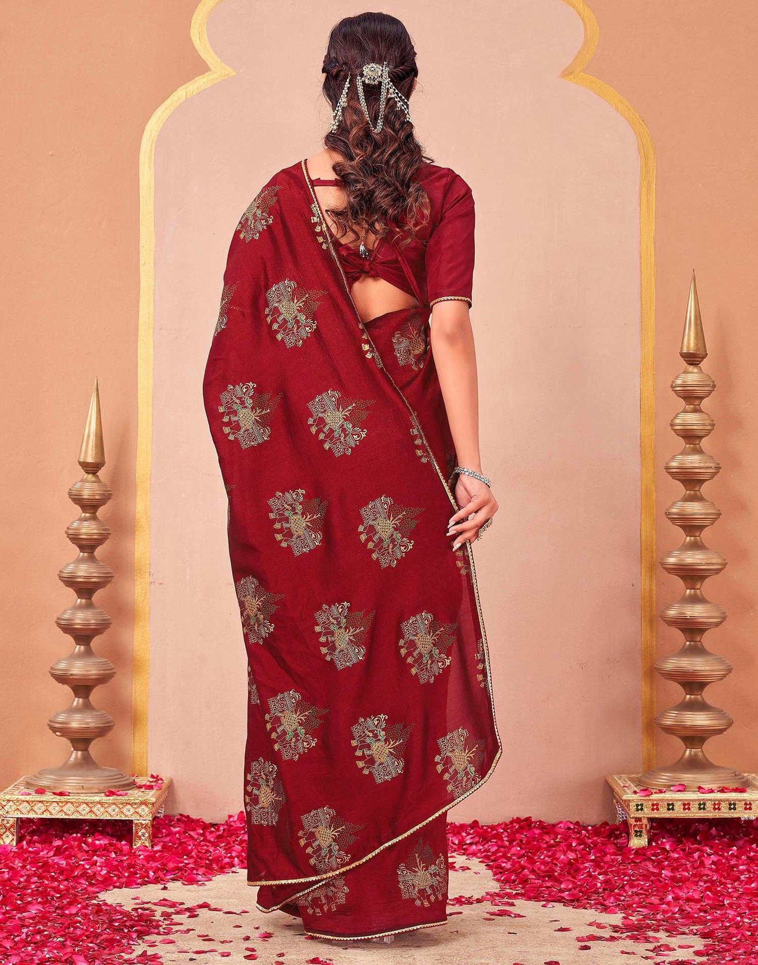 Maroon Vichitra Silk Foil Printed Saree