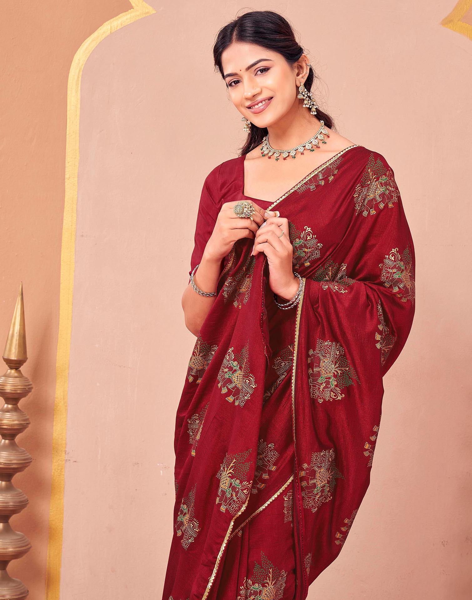 Maroon Vichitra Silk Foil Printed Saree