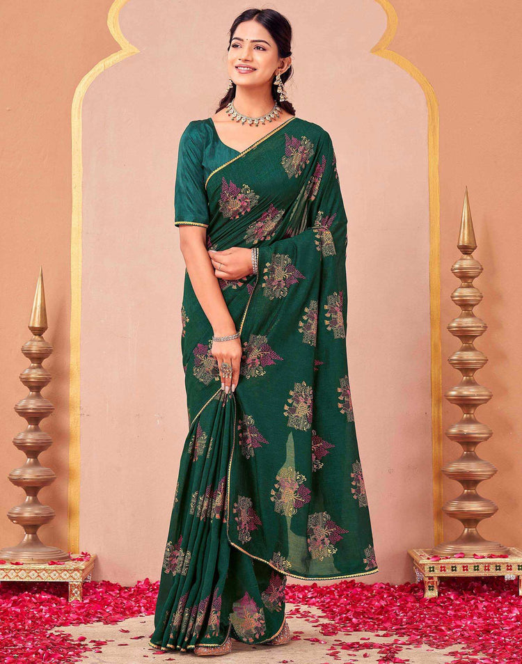 Green Vichitra Silk Foil Printed Saree