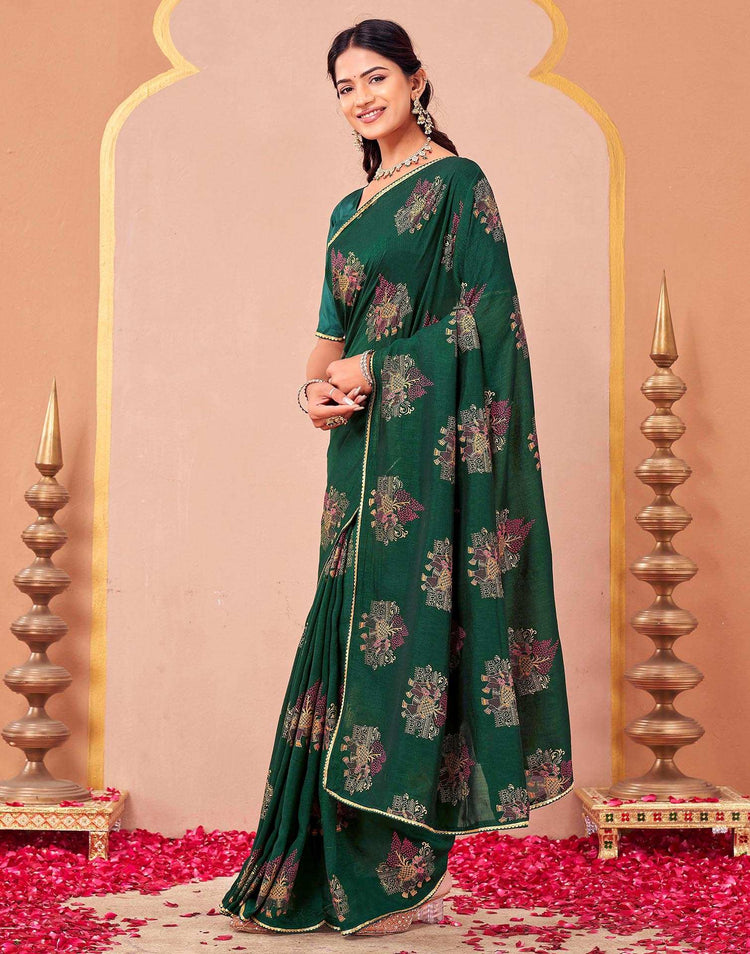 Green Vichitra Silk Foil Printed Saree