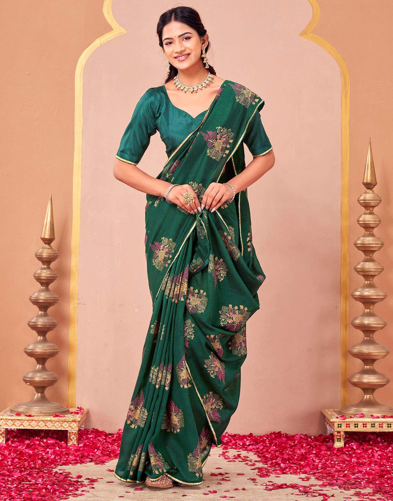Green Vichitra Silk Foil Printed Saree